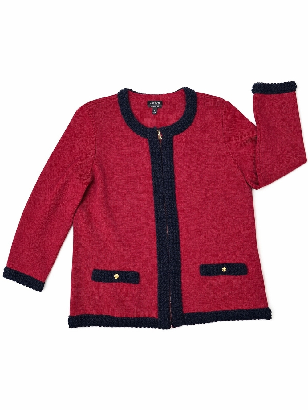 Talbots Merino Wool Deep Red Textired Navy Blue Trim Zip Front  Swetaer Jacket